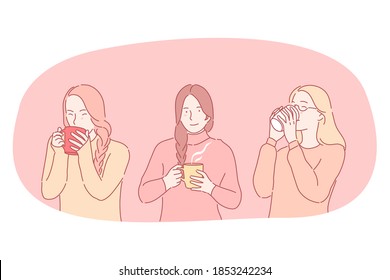 Hot drinks during cold seasons concept. Young positive women cartoon characters holding mugs and drinking hot drinks tea, coffee, cocoa for warming up during attune in winter vector illustration 