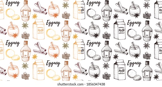 Hot drinks eggnog recipe, ingredients. Winter hot drink top view. Hand drawn. Seamless pattern. Christmas design template. Sketch collection. Christmas bar menu. Packaging design