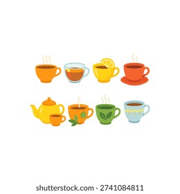 Hot drinks flat icon set. featuring coffee, tea, lemon tea, herbal, steaming cup, teapot, and green tea