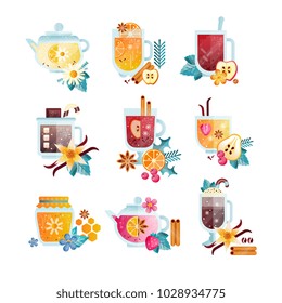 Hot drinks with fruits, berries, spices and herbs set, vitamin healthy drinks in transparent cups and teapots vector Illustrations