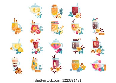 Hot drinks with fruits, berries, spices and herbs set, vitamin healthy drinks vector Illustrations