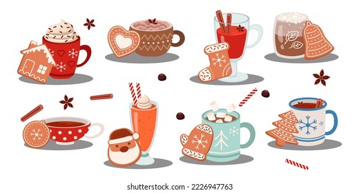 Hot drinks with gingerbread cookies cartoon illustrations set. Mugs with hot chocolate, biscuits in shape of Christmas symbols isolated on white background. Bakery, beverage, winter holidays concept