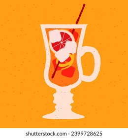 Hot drinks with grapefruit and zest. Cocktail glass with handle. Orange refreshing cocktail in glass on stem. Alcohol drink with citrus. Vector flat illustration with texture. Wine glass