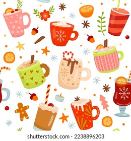 Hot drinks holiday pattern. Coffee and chocolate. Cocoa drink in mug, winter happy new year beverages. Gingerbread and cinnamon, cozy print. Background design. Vector seamless nowaday texture