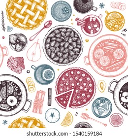 Hot drinks, homemade pies and desserts Christmas background. Winter food and drinks top view backdrop. Hand drawn beverages and baking seamless pattern. Christmas dinner table menu design.