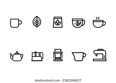 Hot Drinks Icon Set – Coffee Beans, Tea Leaves  Brewing Tools