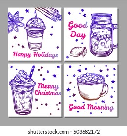Hot drinks icon set with happy holidays good day merry Christmas and good morning descriptions vector illustration