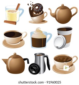 Hot Drinks Icon Set isolated on white Coffee, tea, and eggnog. EPS 8 vector, grouped for easy editing,