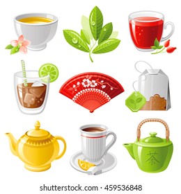 Hot drinks icon set with tea symbols on white background. Hieroglyph on teapot means Tea.