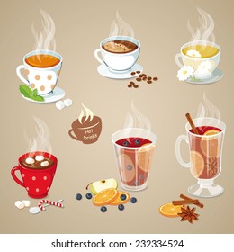 Hot drinks icons set. Christmas food collection. Vector illustration with tea, coffee, hot chocolate, mulled wine and punch