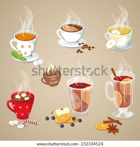 Hot drinks icons set. Christmas food collection. Vector illustration with tea, coffee, hot chocolate, mulled wine and punch