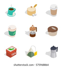 Hot drinks icons set. Isometric 3d illustration of 9 hot drinks vector icons for web
