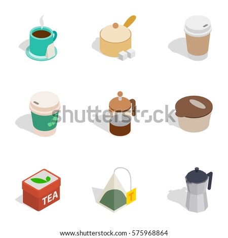 Hot drinks icons set. Isometric 3d illustration of 9 hot drinks vector icons for web