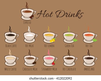 Hot drinks isolated vector. coffee,green tea,hot lemon.milk.chocolate.espresso