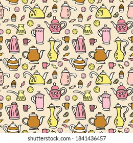 Hot drinks. Kitchen background. Doodle seamless pattern of teapot, kettle, coffee pot, candy, cookies. 