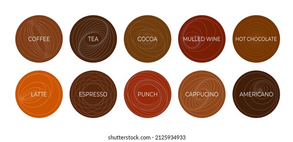 Hot drinks labels. Coffee, cocoa, latte, hot chocolate and others. Round labels or stickers. For labeling kitchen containers and jars. Vector set isolated on white background