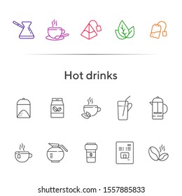 Hot drinks line icon set. Mug, paper cup, tea bag, pot, coffee. Drink concept. Can be used for topics like coffee shop, cafe menu, healthy lifestyle