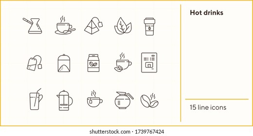 Hot drinks line icon set. Mug, paper cup, tea bag, pot, coffee. Drink concept. Can be used for topics like coffee shop, cafe menu, healthy lifestyle