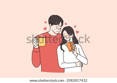 Hot drinks and love concept. Young loving smiling couple man and woman standing holding cups mugs with hot tea or coffee enjoying time together vector illustration 