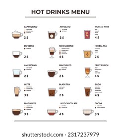Hot drinks menu. Coffee, tea, hot chocolate and warming drinks ingredients scheme template for cafe vector illustration set. Fruit punch, herbal tea, cocoa, and mulled wine isolated beverages