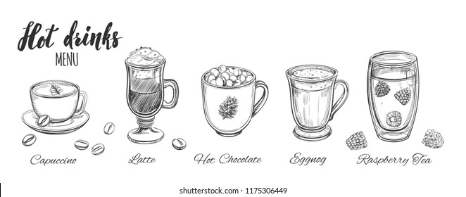 Hot drinks menu design elements. Coffee, Tea, Hot chocolate, Eggnog. Vector hand drawn