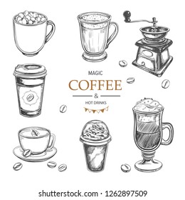 Hot drinks menu design elements. Coffee, Cup, Hot chocolate, Eggnog. Vector hand drawn