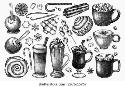Hot drinks menu design. Mulled wine, coffee, hot chocolate, cocoa, spices, sweet food, and baking products vector sketches. Christmas food illustrations. Winter drinks and desserts in a sketched style