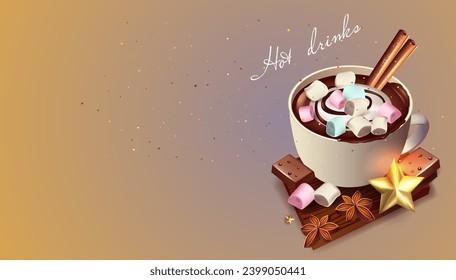 Plantilla de diseño del menú Bebidas calientes. Copa de chocolate caliente entre dulces y estrellas doradas
