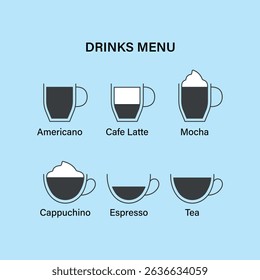 Hot drinks menu icons with beverages: Americano, Cafe Latte, Mocha, Cappuccino, Espresso, and Tea. Modern flat vector design is perfect for coffee shops, cafes, and menus.