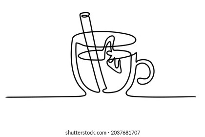 Hot drinks menu one line vector banner, background with mulled wine doodle. Single line art illustration with  Hot drinks. Mulled wine, grog, hot cider.