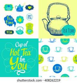Hot drinks menu. Vector Illustration with cups, teapots and pattern. Decorative elements for your packing design. Multicolor decor.