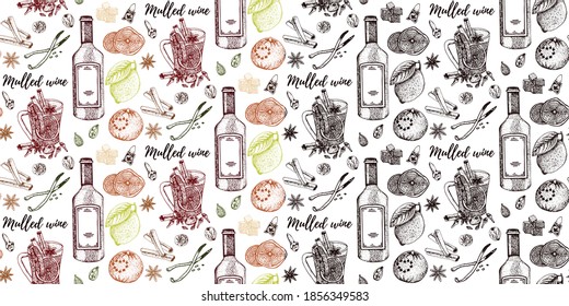 Hot drinks mulled wine recipe, ingredients. Winter hot drink top view. Hand drawn. Seamless pattern. Christmas design template. Sketch collection. Christmas bar menu. Packaging design