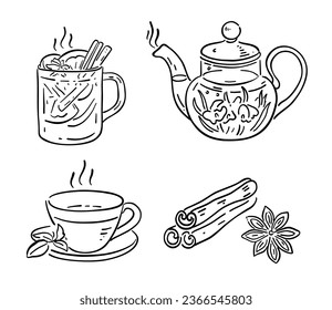 Hot drinks. Mulled wine, hot tea in a teapot, a cup of tea and a cinnamon stick. Set of icons. Vector illustration in doodle style