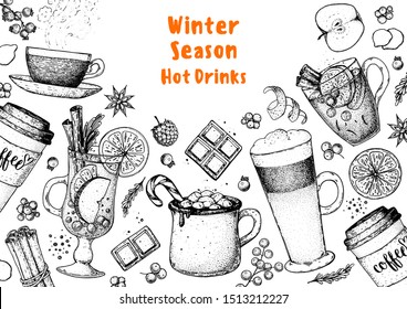 Hot drinks. Mulled wine, winter hot drink. Hand drawn sketch. Vector illustration. Christmas invitation design template. Sketch collection. Christmas bar menu. Mulled wine, coffee and tea.