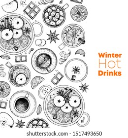 Hot drinks. Mulled wine, winter hot drink top view. Hand drawn sketch. Vector illustration. Christmas invitation design template. Sketch collection. Christmas bar menu. Mulled wine, coffee and tea. 