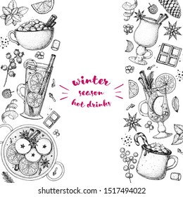 Hot drinks. Mulled wine, winter hot drink. Hand drawn sketch. Vector illustration. Christmas invitation design template. Sketch collection. Christmas bar menu. Mulled wine, coffee and tea. 