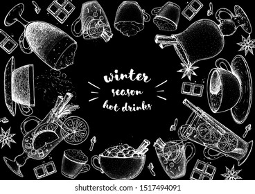 Hot drinks. Mulled wine, winter hot drink. Hand drawn sketch. Vector illustration. Christmas invitation design template. Sketch collection. Christmas bar menu. Mulled wine, coffee and tea. 