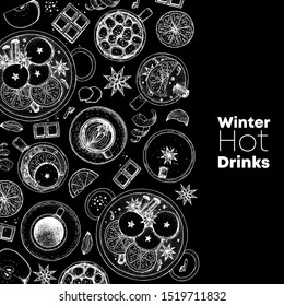 Hot drinks. Mulled wine, winter hot drink top view. Hand drawn sketch. Vector illustration. Christmas invitation design template. Sketch collection. Christmas bar menu. Mulled wine, coffee and tea. 