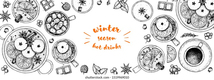 Hot drinks. Mulled wine, winter hot drink top view. Hand drawn sketch. Vector illustration. Christmas invitation design template. Sketch collection. Christmas bar menu. Mulled wine, coffee and tea