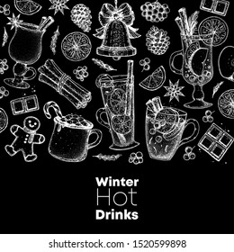 Hot drinks. Mulled wine, winter hot drink top view. Hand drawn sketch. Vector illustration. Christmas invitation design template. Sketch collection. Christmas bar menu. Mulled wine, coffee and tea.