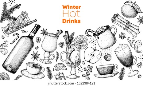 Hot Drinks. Mulled Wine, Winter Hot Drink Top View. Hand Drawn Sketch. Vector Illustration. Christmas Design Template. Sketch Collection. Christmas Bar Menu. Mulled Wine, Coffee And Tea. Packaging