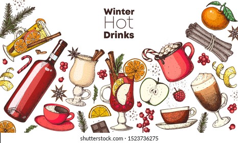 Hot drinks. Mulled wine, winter hot drink top view. Hand drawn. Vector illustration. Christmas design template. Sketch collection. Christmas bar menu. Mulled wine, coffee and tea. Packaging design 