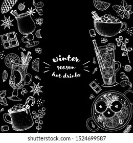 Hot drinks. Mulled wine, winter hot drink. Hand drawn sketch. Vector illustration. Christmas invitation design template. Sketch collection. Christmas bar menu. Mulled wine, coffee and tea. 