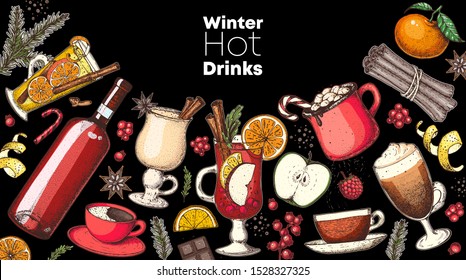 Hot drinks. Mulled wine, winter hot drink top view. Hand drawn. Vector illustration. Christmas design template. Sketch collection. Christmas bar menu. Mulled wine, coffee and tea. Packaging design