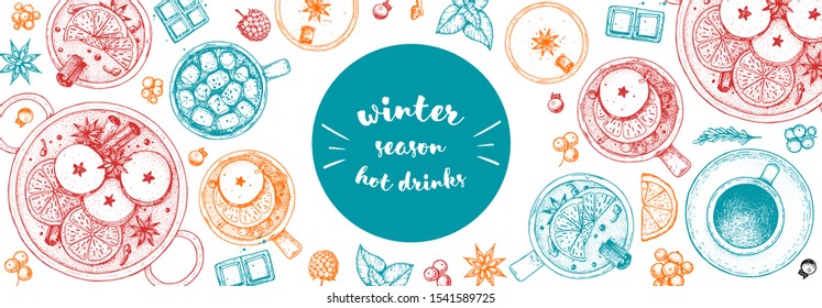 Hot drinks. Mulled wine, winter hot drink top view. Hand drawn sketch. Vector illustration. Christmas invitation design template. Sketch collection. Christmas bar menu. Mulled wine, coffee and tea
