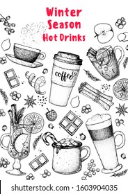 Hot drinks. Mulled wine, winter hot drink. Hand drawn sketch. Vector illustration. Christmas invitation design template. Sketch collection. Christmas bar menu. Mulled wine, coffee and tea.