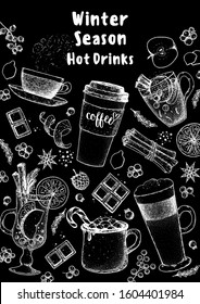 Hot drinks. Mulled wine, winter hot drink. Hand drawn sketch. Vector illustration. Christmas invitation design template. Sketch collection. Christmas bar menu. Mulled wine, coffee and tea.