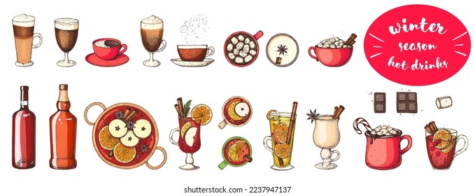 Hot drinks. Mulled wine, winter hot drink. Hand drawning. Vector illustration. Design elements. Winter drinks collection. Christmas bar menu. Mulled wine, coffee and tea. Hot drinks set.