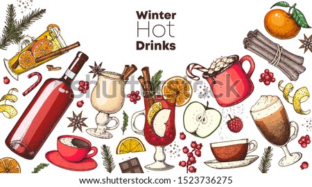 Hot drinks. Mulled wine, winter hot drink top view. Hand drawn. Vector illustration. Christmas design template. Sketch collection. Christmas bar menu. Mulled wine, coffee and tea. Packaging design 