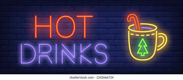 Hot drinks neon text and cup with candy cane. Cafe and Christmas advertisement design. Night bright neon sign, colorful billboard, light banner. Vector illustration in neon style.